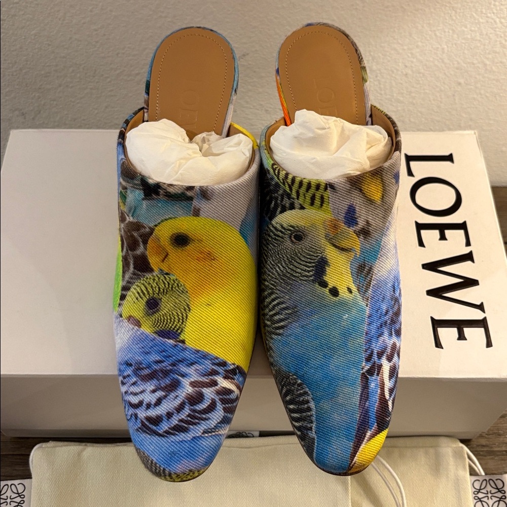 NIB [Loewe] Bird Printed Fabric Slip-On Heel Sandal Mules Women’s EU 36 / US 6 - Picture 5 of 13